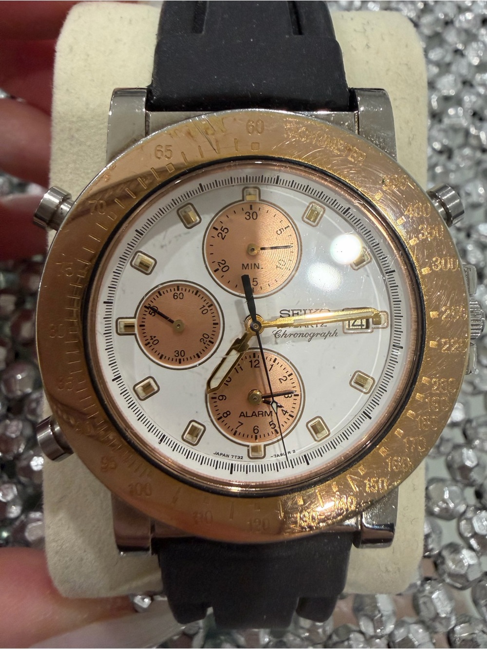 Seiko White Dial Watch with Gold-Tone Accents and Black Strap